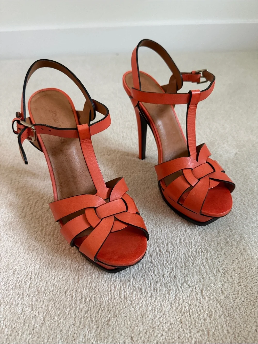 T-Strap Knotted Platform High Heels in Coral Orange leather